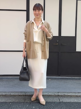 「NOLLEY’S Sophi（ノーリーズソフィ）の《手洗い可能》総針ビックVネックカーディガン（カーディガン/ボレロ）」を使った、yamaguchiさん（レディース・163cm）の秋コーディネート
