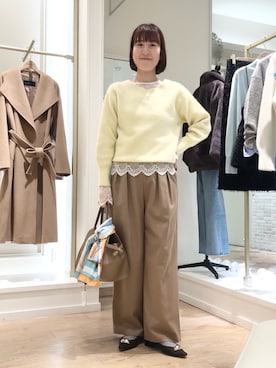 「NOLLEY’S Sophi（ノーリーズソフィ）の《セットアップ対応》ウォッシャブルウール混ツイルハイウエストワイドパンツ（その他パンツ）」を使った、yamaguchiさん（レディース・163cm）の秋コーディネート