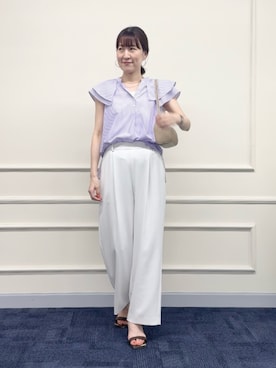 「NOLLEY’S（ノーリーズ）のウォッシャブルダブルフリルキーネックブラウス（シャツ/ブラウス、パープル系）」を使った、yamaguchiさん（レディース・163cm）の夏コーディネート