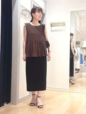 「NOLLEY’S（ノーリーズ）の《セットアップ対応/接触冷感》【BECシリーズ】ウォッシャブルハイスペックジャージギャザータイトスカート（スカート、ブラック系）」を使った、yamaguchiさん（レディース・163cm）の夏コーディネート
