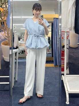 「NOLLEY’S（ノーリーズ）の《セットアップ対応》ウォッシャブルイージーツイルセミワイドパンツ（その他パンツ、ホワイト系）」を使った、yamaguchiさん（レディース・163cm）の夏コーディネート