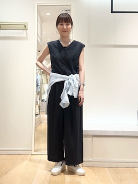「NOLLEY’S Sophi（ノーリーズソフィ）のウォッシャブルACARライトストライプ3WAYオーバーシャツ（シャツ/ブラウス、ブルー系）」を使った、yamaguchiさん（レディース・163cm）の夏コーディネート