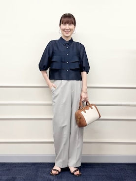 「NOLLEY’S（ノーリーズ）のシアーシルキーパール釦フリルブラウス（シャツ/ブラウス、ブルー系）」を使った、yamaguchiさん（レディース・163cm）の春コーディネート