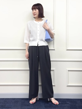 「NOLLEY’S（ノーリーズ）の《手洗い可能》メッシュスパンコール6分袖カーディガン（カーディガン/ボレロ、ホワイト系）」を使った、yamaguchiさん（レディース・163cm）の春コーディネート