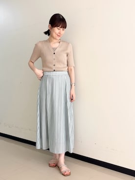 「NOLLEY’S（ノーリーズ）の《セットアップ対応》ウォッシャブルストライプフレアスカート（スカート、ブルー系）」を使った、yamaguchiさん（レディース・163cm）の夏コーディネート