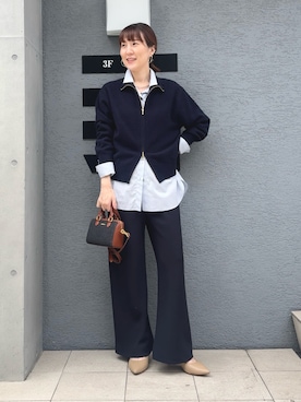 「NOLLEY’S Sophi（ノーリーズソフィ）のカシミヤ混紡毛ジップアップカーディガン（カーディガン/ボレロ、ブルー系）」を使った、yamaguchiさん（レディース・163cm）の秋コーディネート