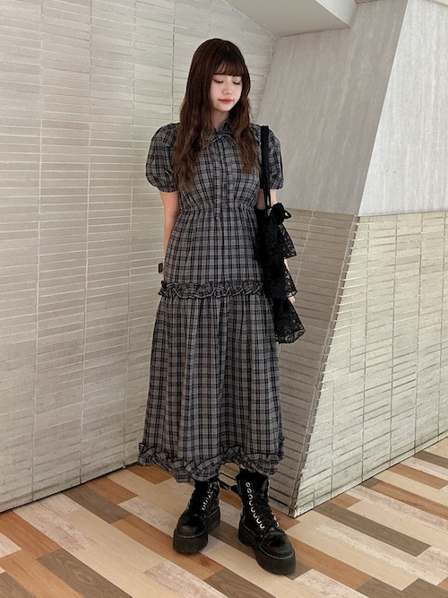 セール】ヘムフリルチェックロングシャツワンピース（ワンピース