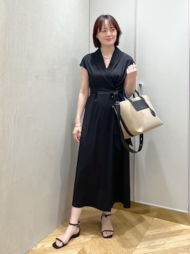 「ROPE'（ロペ）のジャージラップフレンチスリーブワンピース/UVカット・接触冷感・吸水速乾・イージーケア（ワンピース、ブラック系）」を使った、sahoさん（レディース・165cm）の夏コーディネート
