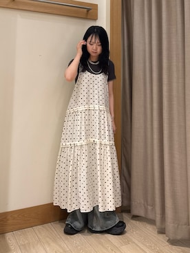 「fredy emue（フレディエミュ）のドットノースリーブワンピース（One piece dress、ホワイト系）」を使った、YURIさん（レディース・163cm）の夏コーディネート