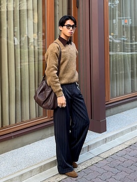 「ADAM ET ROPE'（アダムエロペ）のモヘアミックス オーバーサイズ Vネックニット（ニット/セーター、イエロー系）」を使った、KAMMAさん（メンズ・178cm）の春コーディネート