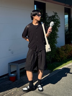 「LURAKU（ルラク）の【LURAKU】sheer open-collar shirt/ シアーオープンカラーシャツ（シャツ/ブラウス）」を使った、KAMMAさん（メンズ・178cm）の夏コーディネート