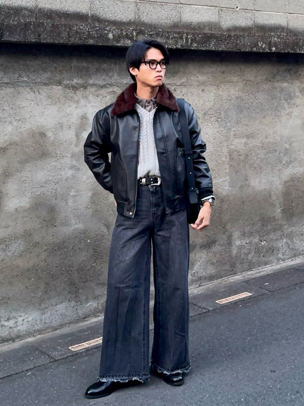 LURAKU】Synthetic Leather Fur Collar Jacket / LURAKU