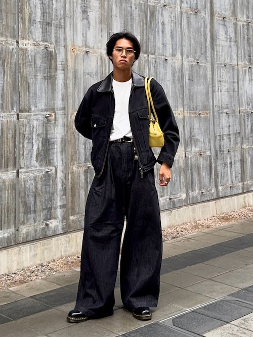 LURAKU】Leather Collar Zip-Up Denim Jacket / 襟レザージップアップ