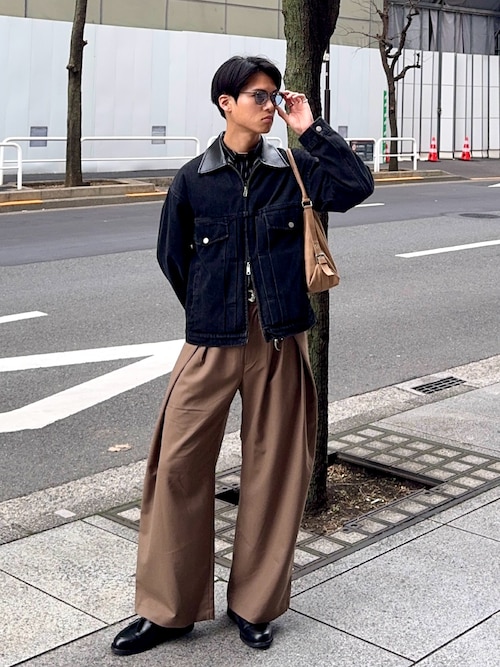 LURAKU】Leather Collar Zip-Up Denim Jacket / 襟レザージップアップ