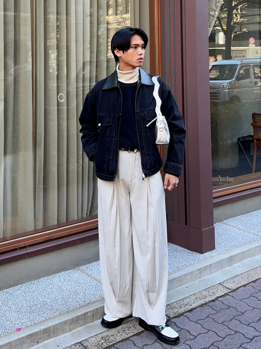 LURAKU】Leather Collar Zip-Up Denim Jacket / 襟レザージップアップ