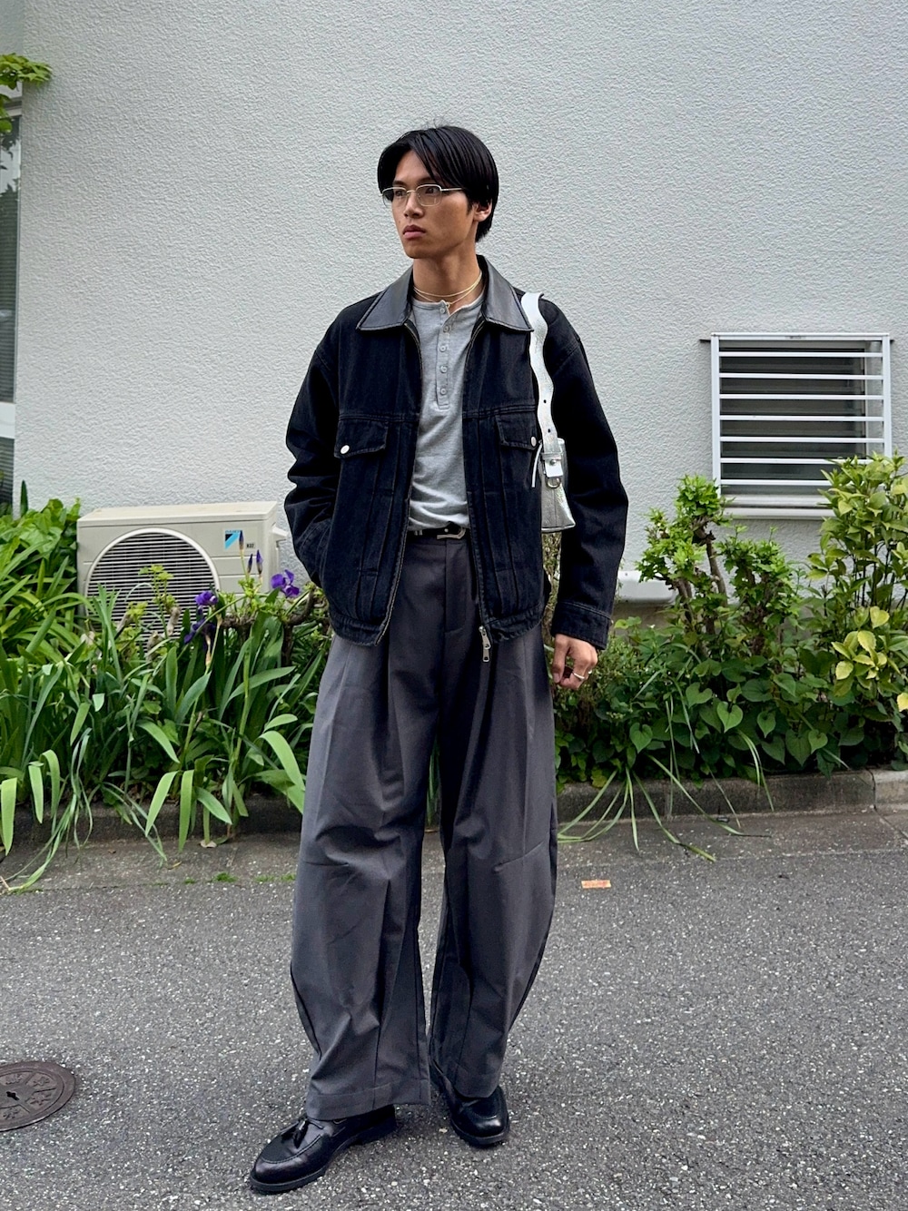 LURAKU】Leather Collar Zip-Up Denim Jacket / 襟レザージップアップ