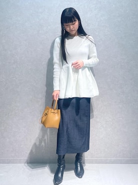 「ROPE'（ロペ）の【雑誌掲載】【一部WEB限定】ナロースクエアトゥストレッチヒールショートブーツ（ブーツ、ブラック系）」を使った、kahoさん（レディース・160cm）の冬コーディネート