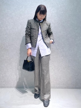 「ROPE'（ロペ）のワンハンドルトップメタルミニバッグ（ショルダーバッグ、ブラック系）」を使った、kahoさん（レディース・160cm）の秋コーディネート