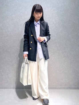 「ROPE'（ロペ）のウエストギャザーセミワイドパンツ（その他パンツ、ホワイト系）」を使った、kahoさん（レディース・160cm）の秋コーディネート