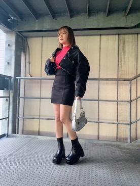 「厚底ブーツ」｜「アイテム（デニムジャケット）」を使った、中田鈴乃さん（レディース・157cm）の春コーディネート