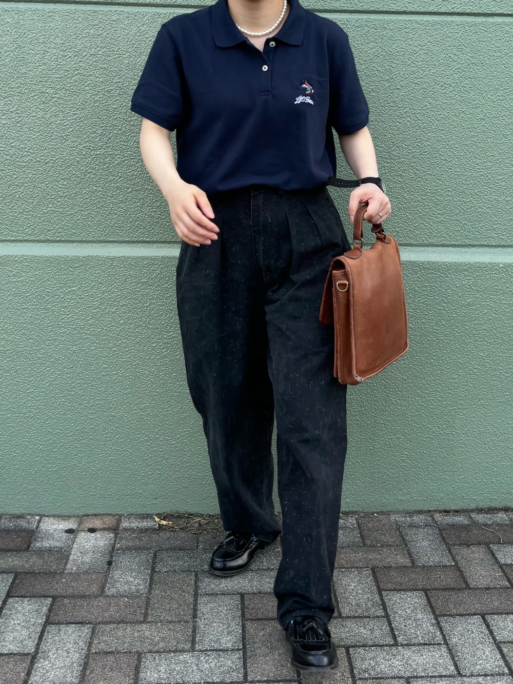 「古着、古着MIX、vintage、l.l.bean、ポロシャツ、oldcoach、オールドコーチ、HARUTA、ローファー、夏コーデ、ファッションを楽しもう」｜「L.L.Beanのプレミアム・ダブル・エル・ポロシャツ、リラックス・フィット　半袖　スクリプト・ロゴ 米国フィット・レギュラー（ポロシャツ、ブルー系）」を使った、みにまむさん（レディース・150cm）の夏コーディネートの1枚目の写真