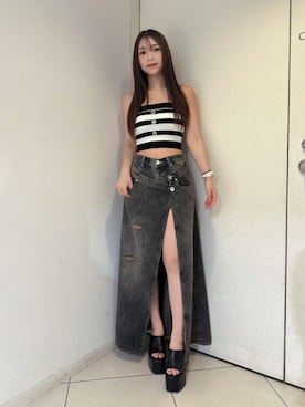 「GYDA（ジェイダ）のBASICチャンキーサンダル（サンダル、ブラック系）」を使った、arisaさん（レディース・155cm）の夏コーディネート