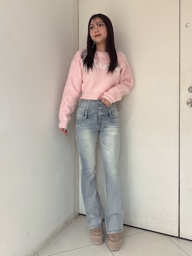 「GYDA（ジェイダ）のBRATTY MOHAIR LIKEショートニットトップス（ニット/セーター）」を使った、arisaさん（レディース・155cm）の秋コーディネート