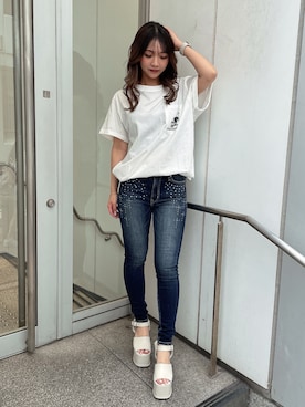 「155㎝コーデ」｜「アイテム（Tシャツ/カットソー）」を使った、arisaさん（レディース・155cm）の夏コーディネート