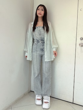 「GYDA（ジェイダ）のオーバーラメシアーシャツ（シャツ/ブラウス、グリーン系）」を使った、arisaさん（レディース・155cm）の春コーディネート
