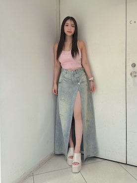 「GYDA（ジェイダ）のBASICチャンキーサンダル（サンダル、ホワイト系）」を使った、arisaさん（レディース・155cm）の夏コーディネート
