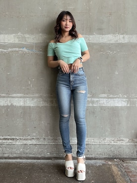 「155㎝コーデ」｜「アイテム（Tシャツ/カットソー）」を使った、arisaさん（レディース・155cm）の春コーディネート