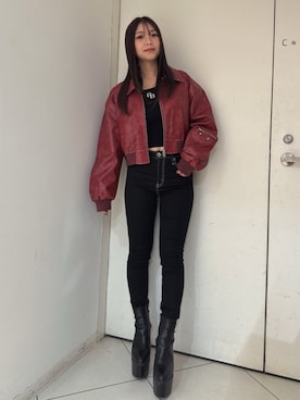 「アイテム（ブルゾン、レッド系）」を使った、arisaさん（レディース・155cm）の秋コーディネート