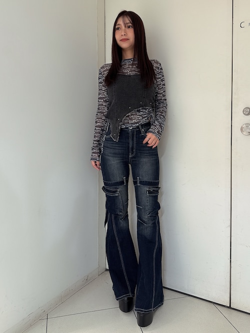 ハイウエスト strap cargo designフレアデニムパンツ（デニム