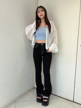 「GYDA（ジェイダ）のThick sole bijouストラップサンダル（サンダル、ブラック系）」を使った、arisaさん（レディース・155cm）の春コーディネート