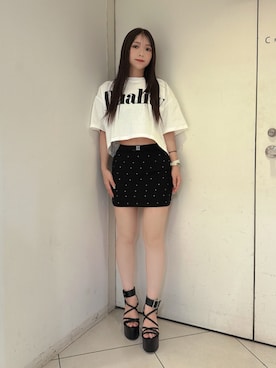 「GYDA（ジェイダ）のSquare gyda bijouスカートライクショートパンツ（スカート、ブラック系）」を使った、arisaさん（レディース・155cm）の夏コーディネート