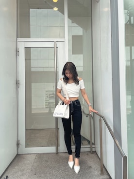 「155㎝コーデ」｜「アイテム（Tシャツ/カットソー）」を使った、arisaさん（レディース・155cm）の夏コーディネート