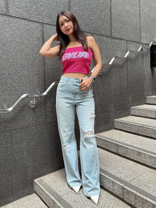 ハイウエストPATCHダメージストレートワイドデニムパンツ