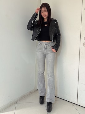 「アイテム（ライダースジャケット）」を使った、arisaさん（レディース・155cm）の夏コーディネート