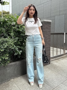 ハイウエストPATCHダメージストレートワイドデニムパンツ