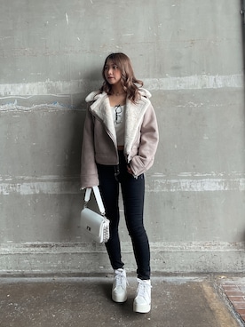 「155㎝コーデ」｜「アイテム（ムートンコート）」を使った、arisaさん（レディース・155cm）の秋コーディネート