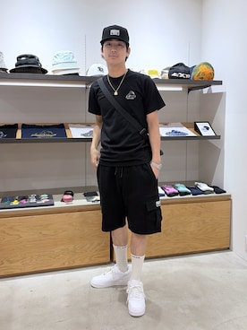 「PRO CLUB （プロクラブ）のXLARGE×PROCLUB×NEW ERA 59FIFTY CAP（キャップ、ブラック系）」を使った、川上拓巳さん（メンズ・172cm）の春コーディネート