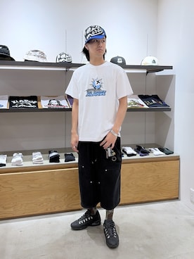 「XLARGE（エクストララージ）のDOG MESH CAP（キャップ、ブルー系）」を使った、川上拓巳さん（メンズ・172cm）の夏コーディネート