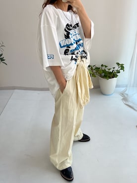 「nissen（ニッセン）の２点セット（ヘンリーネックリブトップス＋ツイル腰巻きパンツ）（Tシャツ/カットソー、ホワイト系）」を使った、MSさん（レディース・154cm）の夏コーディネート