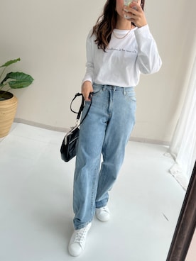 「nissen（ニッセン）のハイウエストストレートブラスト加工ストレッチデニムパンツ（デニムパンツ、ブルー系）」を使った、MSさん（レディース・154cm）の春コーディネート