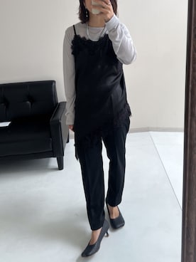 「nissen（ニッセン）の２点セット（レースレイヤード風Ｔシャツ＋リネンライクタックパンツ）（Tシャツ/カットソー、ブラック系）」を使った、MSさん（レディース・154cm）の秋コーディネート