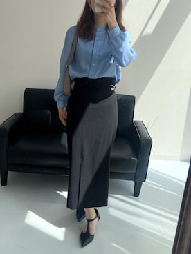 「7days Life Styling（セブンデイズライフスタイリング）の【選べる２タイプ】シアーストライプシャツ（シャツ/ブラウス、ブルー系）」を使った、MSさん（レディース・154cm）の春コーディネート