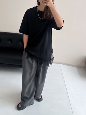 「nissen（ニッセン）の２点セット（レースレイヤード風Ｔシャツ＋リネンライクタックパンツ）（Tシャツ/カットソー、ブラック系）」を使った、MSさん（レディース・154cm）の夏コーディネート