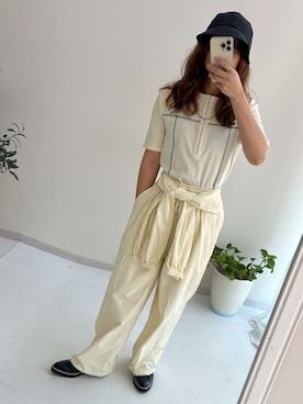 「nissen（ニッセン）の２点セット（ヘンリーネックリブトップス＋ツイル腰巻きパンツ）（Tシャツ/カットソー、ホワイト系）」を使った、MSさん（レディース・154cm）の夏コーディネート