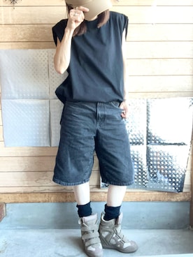 「しまむら（シマムラ）のアイテム（Tシャツ/カットソー）」を使った、meg05さん（レディース・156cm）の夏コーディネート