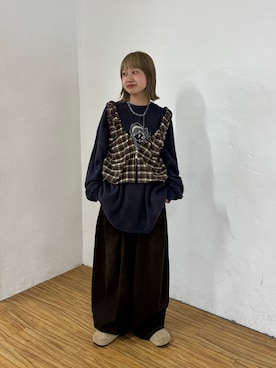 「CIAOPANIC（チャオパニック）のシャーリングチェックジップベスト（ベスト）」を使った、ナクラリンさん（レディース・153cm）の夏コーディネート